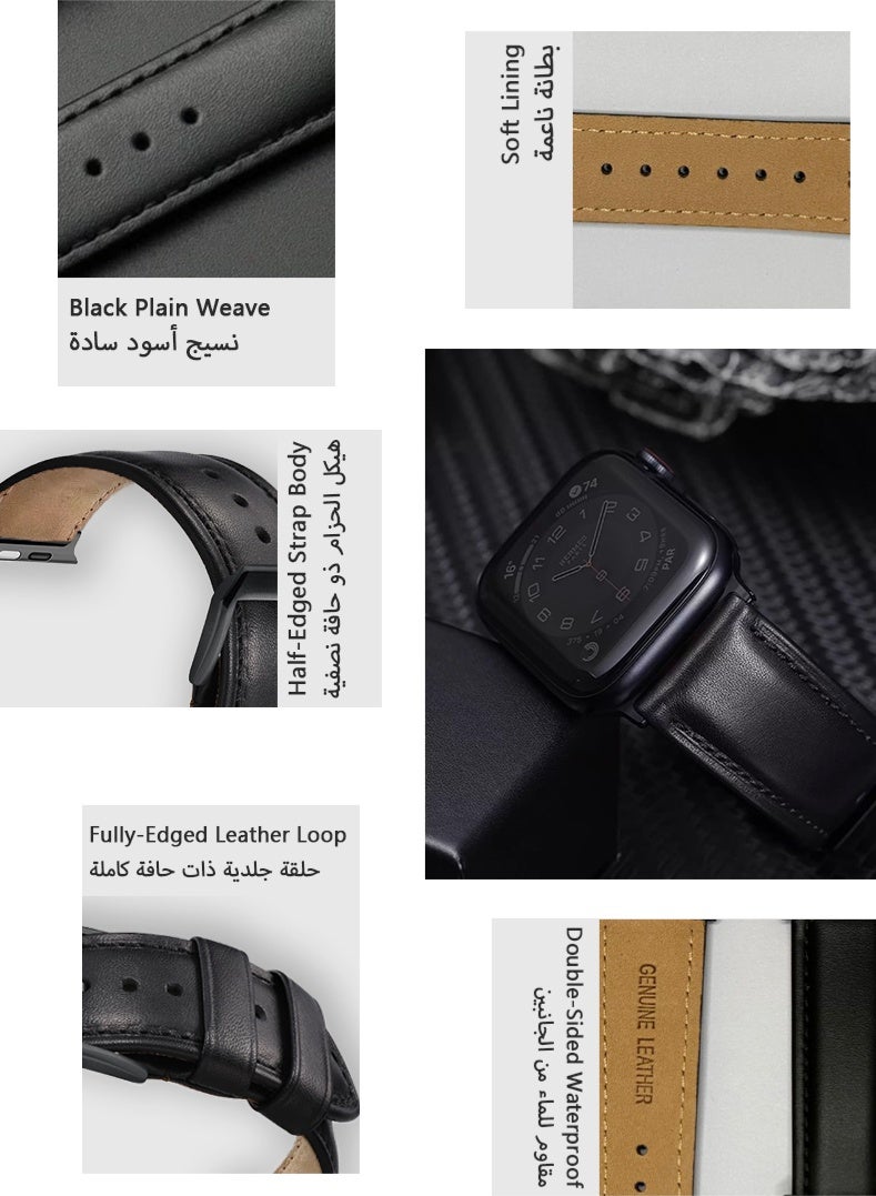 حزام أبل جلدي، 22مم أسود مميّز سادة، بطانة ناعمة، مقاوم للماء والاتساخ من الجانبين، إبزيم دبوس معدني أسود، متوافق مع سلسلة 1-11/SE/Ultra (42/44/45/46/49مم)، قطعة واحدة - Image 2